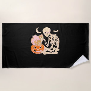 Skeleton Hugging Cat Halloween Cat Lover Cat Class Beach Towel