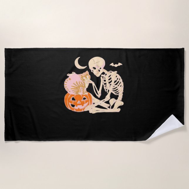 Skeleton Hugging Cat Halloween Cat Lover Cat Class Beach Towel (Front)