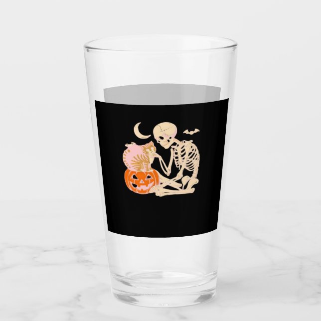 Skeleton Hugging Cat Halloween Cat Lover Cat Class Glass (Front)