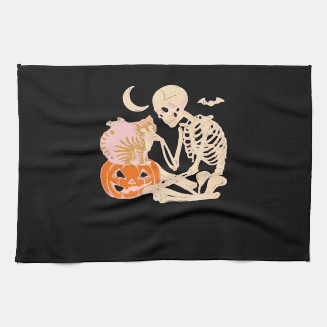 Skeleton Hugging Cat Halloween Cat Lover Cat Class Kitchen Towel (Horizontal)