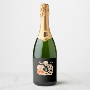 Skeleton Hugging Cat Halloween Cat Lover Cat Class Sparkling Wine Label