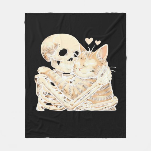 Skeleton Hugging Cat Halloween Cat Lover Cat Mom D Fleece Blanket (Front)