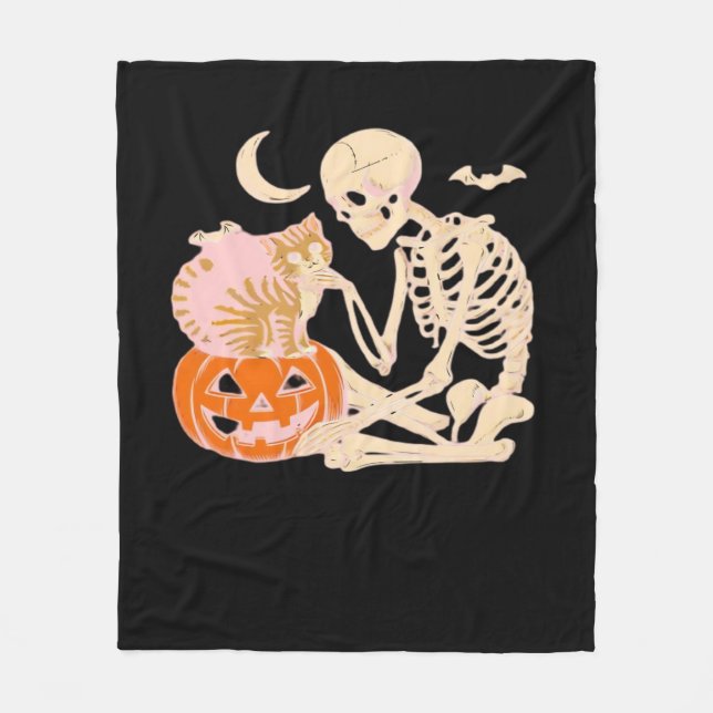 Skeleton Hugging Cat Halloween Cat Lover Cat Mom D Fleece Blanket (Front)