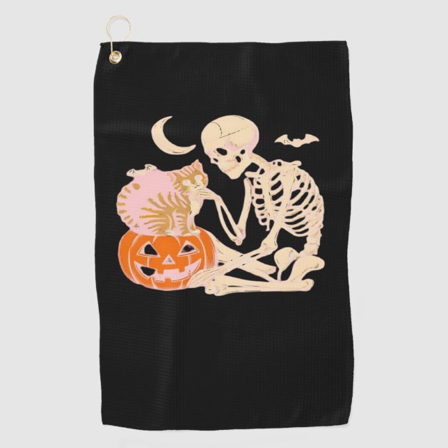 Skeleton Hugging Cat Halloween Cat Lover Cat Mom D Golf Towel (Front)