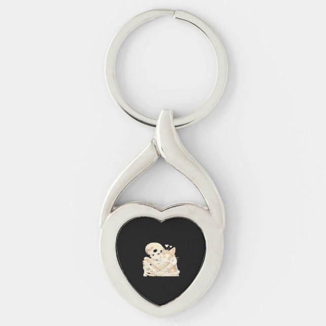 Skeleton Hugging Cat Halloween Cat Lover Cat Mom D Keychain (Front)