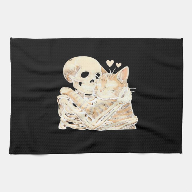 Skeleton Hugging Cat Halloween Cat Lover Cat Mom D Kitchen Towel (Horizontal)