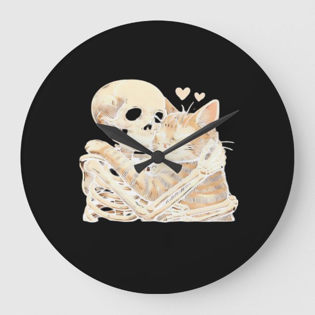 Skeleton Hugging Cat Halloween Cat Lover Cat Mom D Large Clock (Front)