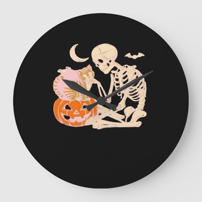 Skeleton Hugging Cat Halloween Cat Lover Cat Mom D Large Clock (Front)