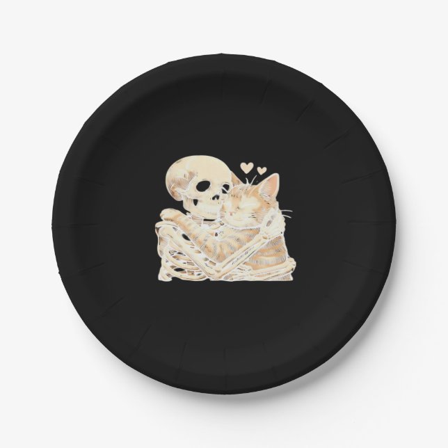 Skeleton Hugging Cat Halloween Cat Lover Cat Mom D Paper Plate (Front)
