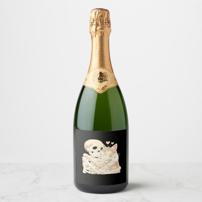 Skeleton Hugging Cat Halloween Cat Lover Cat Mom D Sparkling Wine Label (Front)