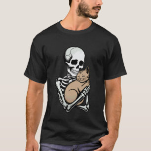 Skeleton Hugging Cat Halloween Cat Lover Cat Mom D T-Shirt