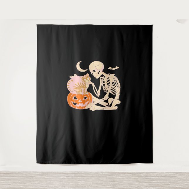 Skeleton Hugging Cat Halloween Cat Lover Cat Mom D Tapestry (Front)