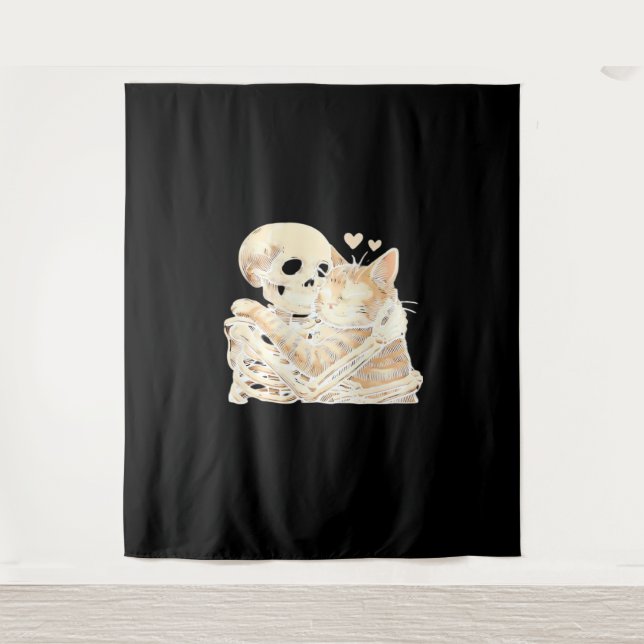 Skeleton Hugging Cat Halloween Cat Lover Cat Mom D Tapestry (Front)