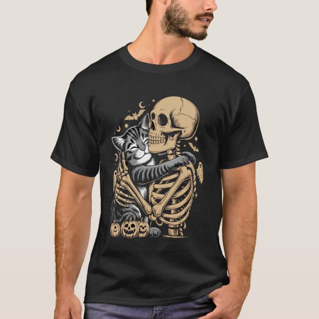 Skeleton Hugging Cat Halloween Cat Lover T-Shirt (Front)