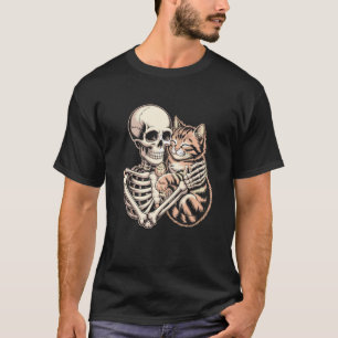 Skeleton Hugging Cat Halloween Cat Lover Tabby Cat T-Shirt