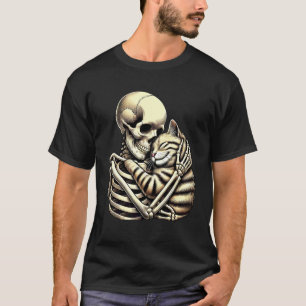 Skeleton Hugging Cat Halloween Cat Mom Dad Cute Ca T-Shirt