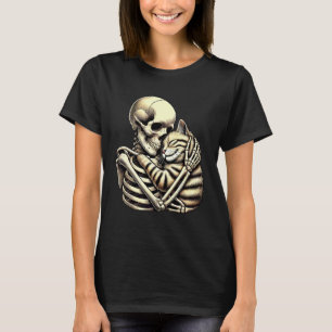 Skeleton Hugging Cat Halloween Cat Mom Dad Cute Ca T-Shirt