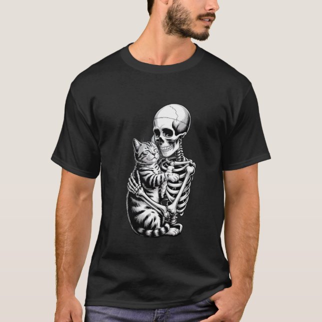 Skeleton Hugging Cat Halloween Cat T-Shirt (Front)