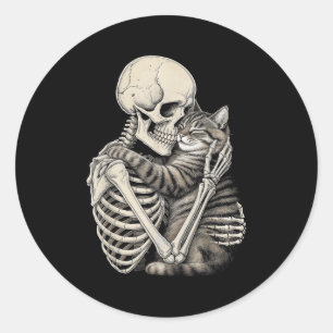 Skeleton Hugging Cat Halloween Cats Lover Classic Round Sticker