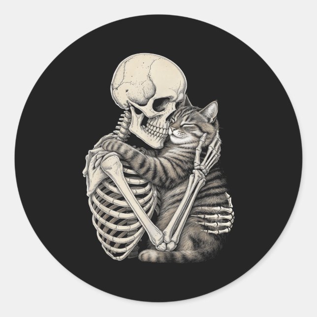Skeleton Hugging Cat Halloween Cats Lover  Classic Round Sticker (Front)