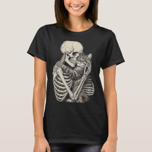 Skeleton Hugging Cat Halloween Cats Lover  T-Shirt