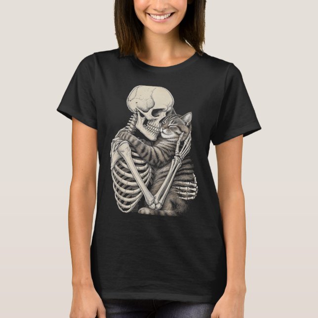 Skeleton Hugging Cat Halloween Cats Lover  T-Shirt (Front)