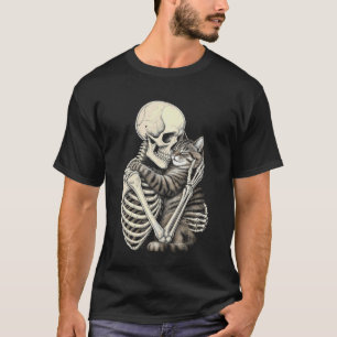 Skeleton Hugging Cat Halloween Cats Lover T-Shirt