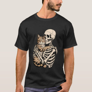 Skeleton Hugging Cat Halloween Funny Cat Lover Cat T-Shirt
