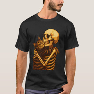 Skeleton Hugging Cat Halloween Funny Cute Men Wome T-Shirt