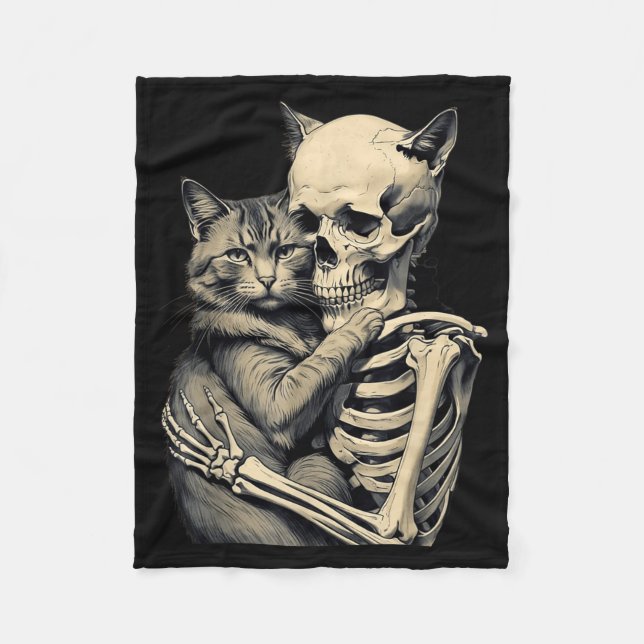 Skeleton Hugging Cat Lover Halloween Funny Apparel Fleece Blanket (Front)