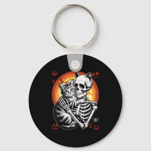 Skeleton Hugging Cat Lover Halloween Funny Apparel Keychain