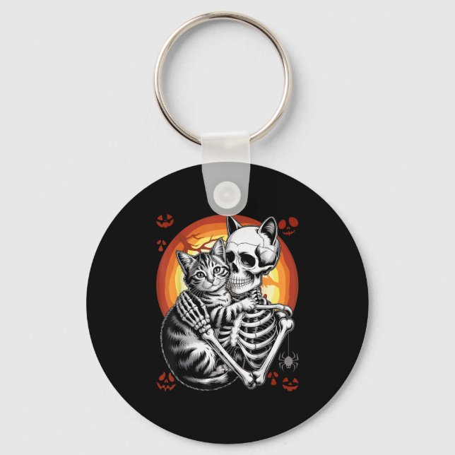 Skeleton Hugging Cat Lover Halloween Funny Apparel Keychain (Front)