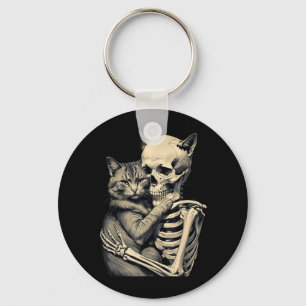 Skeleton Hugging Cat Lover Halloween Funny Apparel Keychain