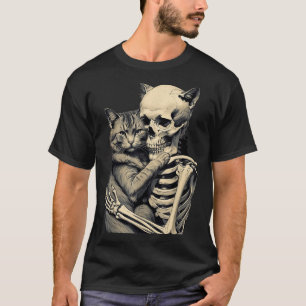 Skeleton Hugging Cat Lover Halloween Funny Apparel T-Shirt