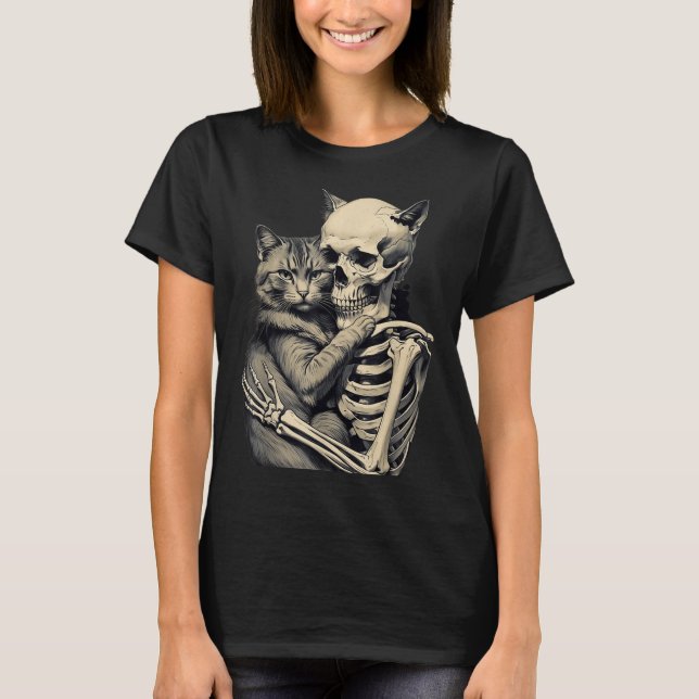 Skeleton Hugging Cat Lover Halloween Tee Funny App (Front)