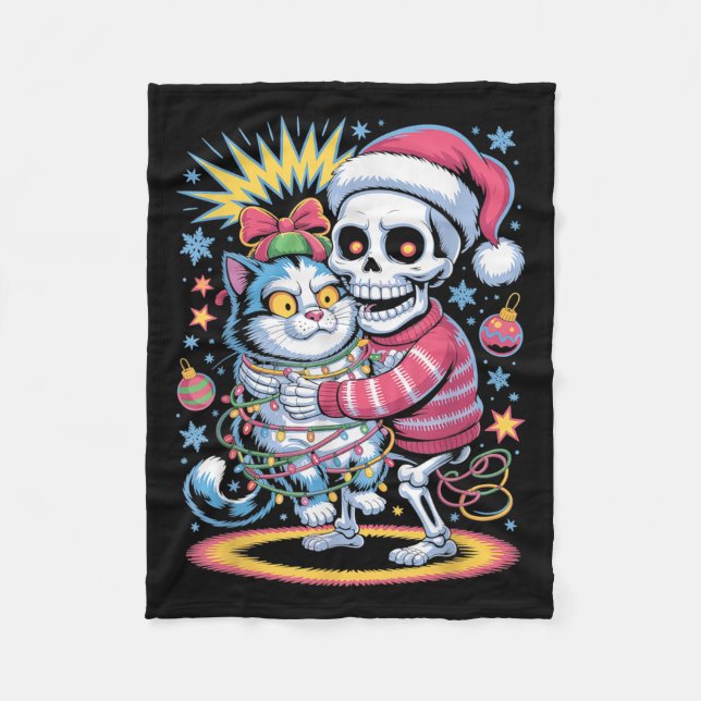 Skeleton Hugging Cat Retro Funny Christmas Men Wom Fleece Blanket (Front)