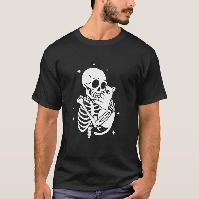 Skeleton Hugging Cat Skull Goth Halloween T-Shirt (Front)