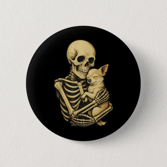 Skeleton Hugging Dog Chihuahua Funny Halloween 2 Inch Round Button (Front)