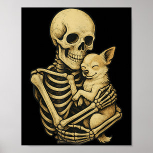 Skeleton Hugging Dog Chihuahua Funny Halloween Poster