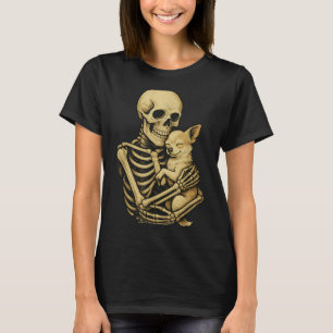 Skeleton Hugging Dog Chihuahua Funny Halloween T-Shirt