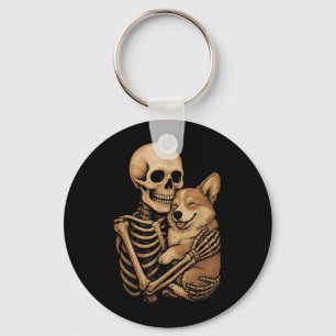Skeleton Hugging Dog Corgi Funny Halloween Keychain