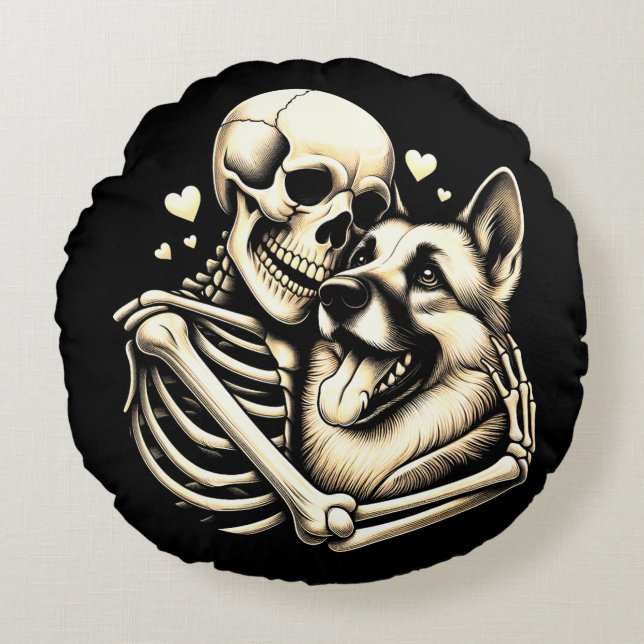 Skeleton Hugging Dog Halloween German Shepherd  Round Pillow (Front)