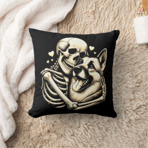 Skeleton Hugging Dog Halloween German Shepherd Throw Pillow