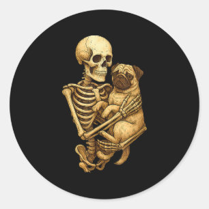 Skeleton Hugging Pug Halloween Pugs Lover Pug Mom Classic Round Sticker