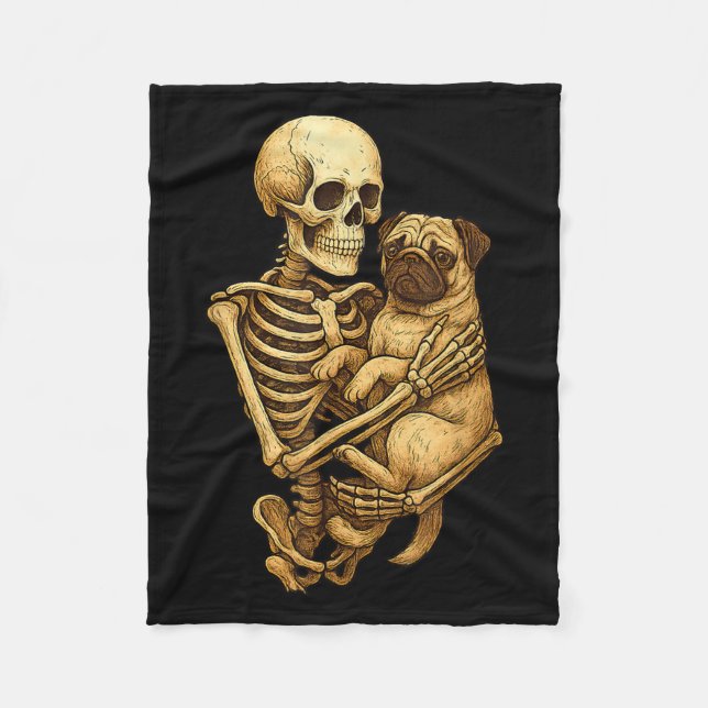 Skeleton Hugging Pug Halloween Pugs Lover Pug Mom  Fleece Blanket (Front)