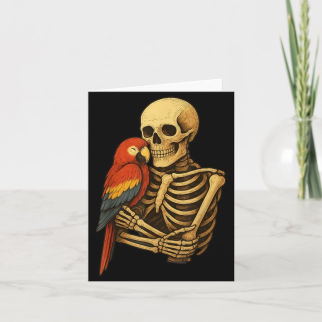 Skeleton Hugging Scarlet Macaw Parrot Funny Card (Front)