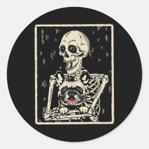 Skeleton Hugs French Bulldog Halloween Dog Lover Classic Round Sticker