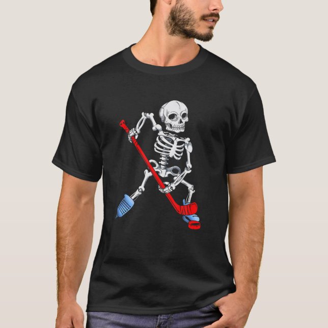 Skeleton Ice Hockey Halloween Hockey T-Shirt (Front)