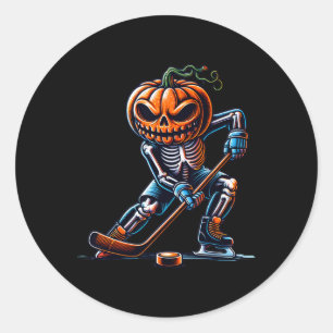 Skeleton Ice Hockey Halloween Pumpkin Hockey Mens Classic Round Sticker
