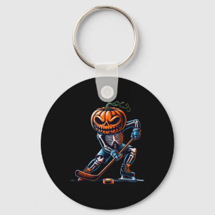 Skeleton Ice Hockey Halloween Pumpkin Hockey Mens  Keychain